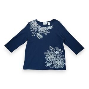 Alfred Dunner Women's‎ Floral Embroidery 3/4 Sleeve Blue Size Medium